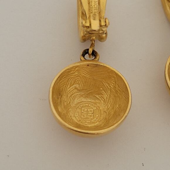 Vintage Givenchy Drop Gold Tone Clip on Earrings Round Glam Statment Logo Retro - Picture 3 of 11